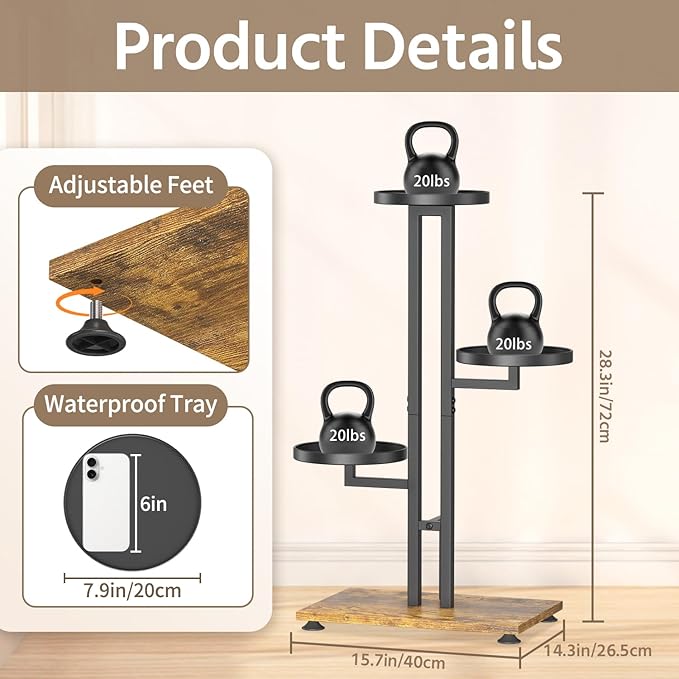 LASZOLA Black 3 Tiered Plant Stand Indoors Heavy Duty Metal Rack, Sturdy Multi Level Shleving Hold Flowers, Larger House Decorate Ladder for Planting Inside Tree Herb Cactus, Wooden Base, Space Saving