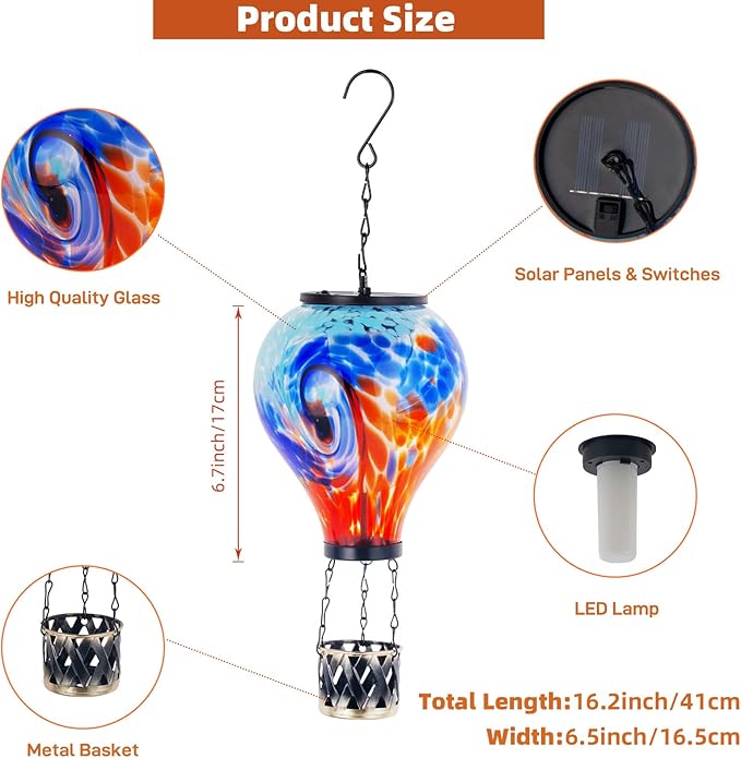 Starsoul Unique Hot Air Balloon Solar Lantern Glass Outdoor Hot Air Balloon Solar Flickering Flame Light Waterproof Hanging Lantern with Big Basket for Garden Yard Patio Decor