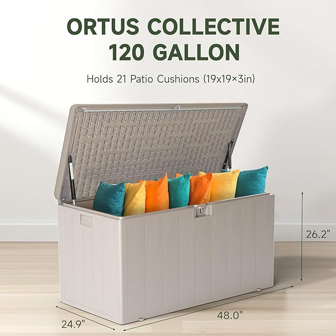 Ortus Collective 120-Gallon Heavy-Duty Deck Box, Constructed with Double-Wall Waterproof Resin and featuring a Lockable Lid with UV Protection for Ultimate Outdoor Storage (Gray)