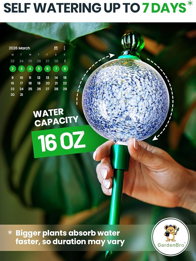 16 Oz Plant Watering Globes for Indoor Plants with Metal Self Watering Planter Insert - Premium XL Glass Hand-Blown Globe - Automatic Plant Waterer Indoor, Gift Idea for Gardener [1 Globe, Blue Gold]
