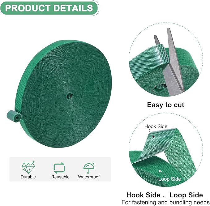 1-Roll Garden Plant Tape, 98 ft x 0.8 in Garden Hook and Loop Plant Ties Multi-Purpose Use Adjustable and Reusable Twist Wire Tape for Plants/Flowers/Vines [Green]