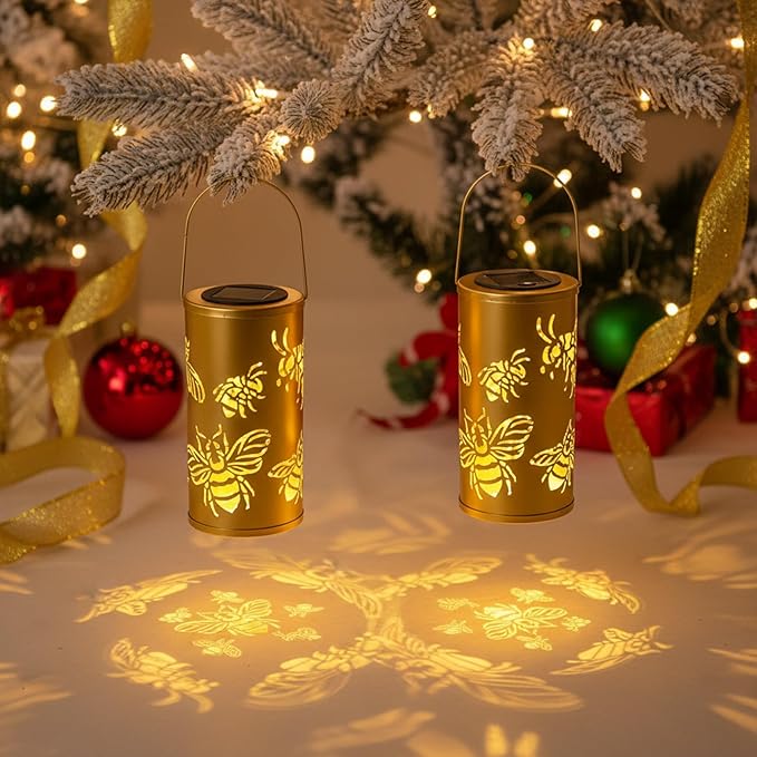 12.8" Large Size 2-Pack Outdoor Solar Lanterns Waterproof Metal Bee Patterns Garden Decor Gifts for Women Mom Grandma Hanging Solar Lanterns for Outside Yard, Patio, Backyard, Porch