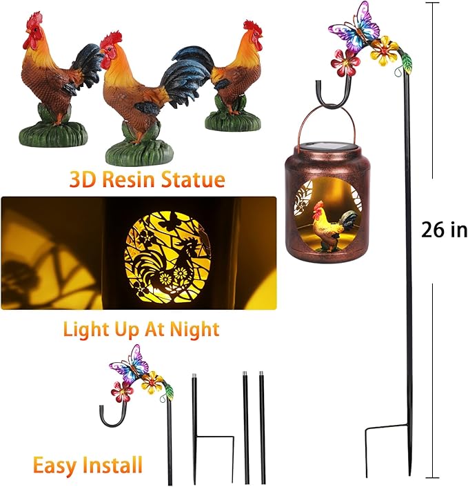 Solar Lanterns Outdoor Waterproof Metal Rooster Patterns with Resin Rooster Inside Garden Decor Gifts for Women Mom Grandma Hanging Solar Lights Decoration Outside for Yard, Patio, Backyard, Porch