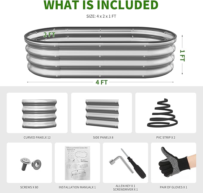 Galvanized Metal Raised Garden Bed Kit for Outdoor Planter Boxes with Easy Assembly,4x2x1ft-2PCS Oval Large Galvanized Gardening Raised Bed for Vegetables, Fruits, Flower (Silver, 4*2*1ft-2P)