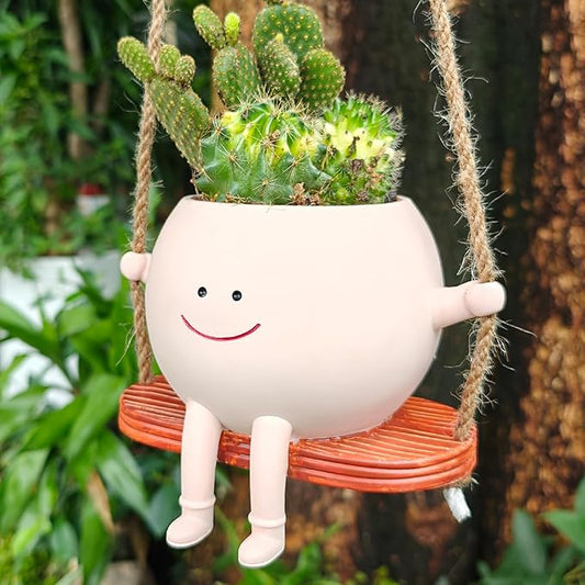 Swing Face Planter Pot with Drainage Holes, Cute Succulent Hanging Planter for Indoor Outdoor Plants, for Plant Lovers and Mothers