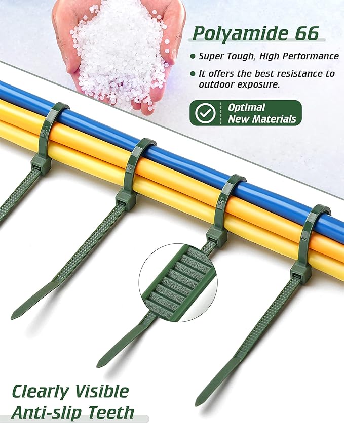 8 Inch PA66 Green Zip Ties, 100 Pcs 3.6mm Heavy Duty Plastic Wire Ties with 45 Lbs, Premium Self-locking Nylon Cable Ties Decoration Tie Wraps for Christmas Tree Gardening Fence Plants Grid Wall