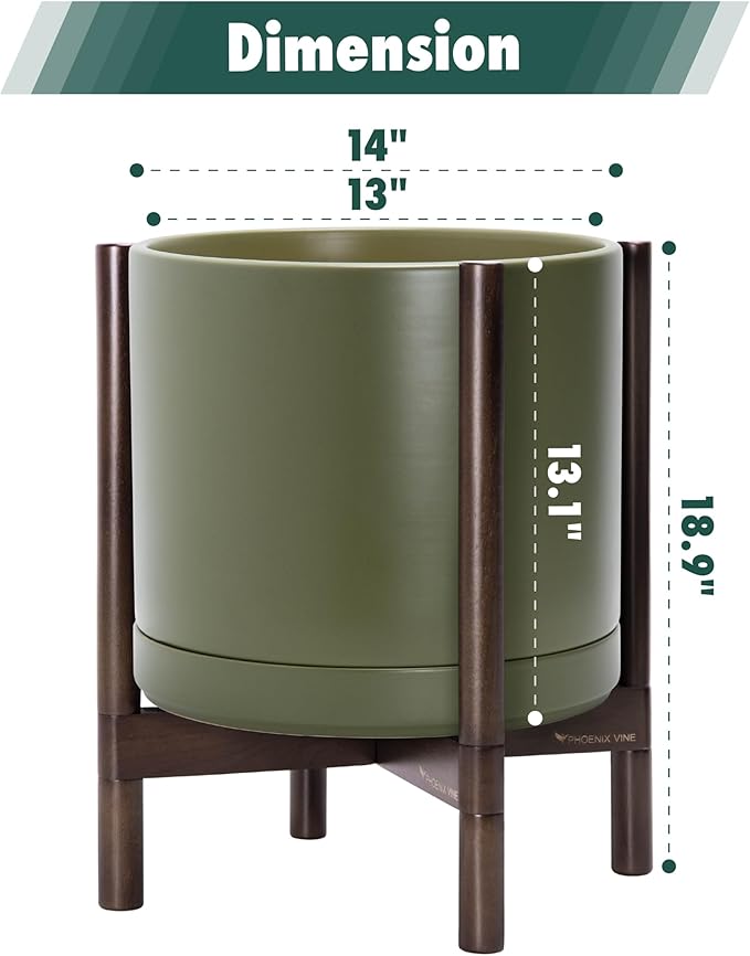 D'vine Dev Ceramic Planter with Walnut Color Stand - 14 Inch Modern Round Flower Pot with Wood Planter Holder, Olive, 55-B-T-J