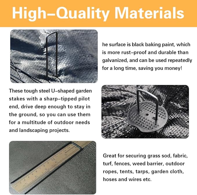 Bakulyor 200pcs Black Landscape Staples + 200pcs Buffer Washer, 6 Inch 11 Gauge Garden Stakes Staples, U Shaped Galvanized Lawn Pins Heavy Duty Yard Ground Pin for Weed Barrier Sod Fabric Decorations