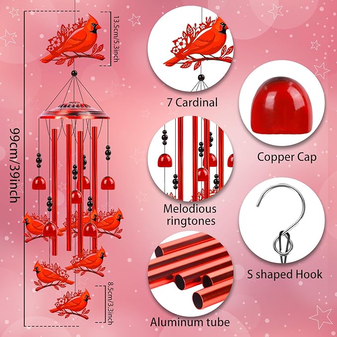 Cardinal Gifts for Women, Cardinal Wind Chimes for Outside, in Memorial Loved One Wind Chimes for Outdoor Garden Patio Yard Decor, Birthday Christmas for Mom Grandma