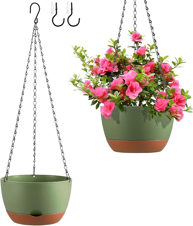Set of 2 10 Inch Self Watering Hanging Planters for Indoor Outdoor Plants, Color Blocking Hanging Baskets Flower Pots with Drainage Hole & Removable Water-Storage Tray