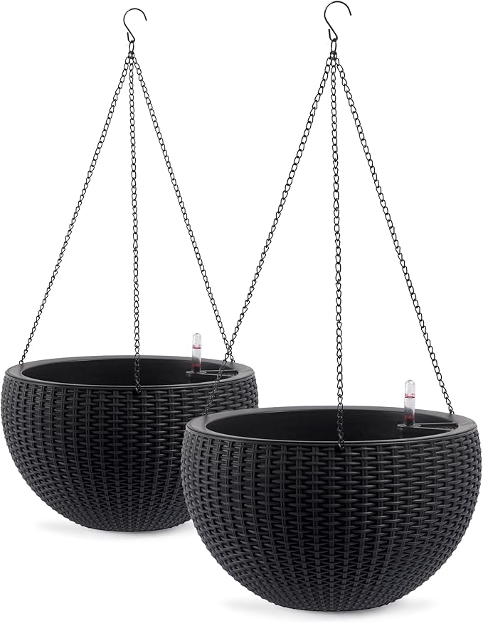 13.5 inch 2Pack Large Hanging Planters for Outdoor/Indoor Plants, Self Watering Hanging Pot with Water Level Indicato, Drainage Holes and Chain for Garden Porch, Black