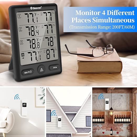 Geevon Indoor Outdoor Thermometer Wireless with 3 Remote Sensors, Digital Hygrometer Thermometer, Wireless Temperature Humidity Monitor Gauge with 200FT/60M Range (Black)