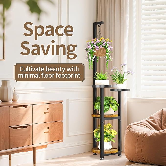 LASZOLA Black 4 Tier Tall Plant Stand Indoor with Hanging Ring, Large Heavy Duty Metal Vertical Corner Rack for Multiple Planter, Sturdy Wrought Iron Flower Shelf Holder Organizer for House Patio