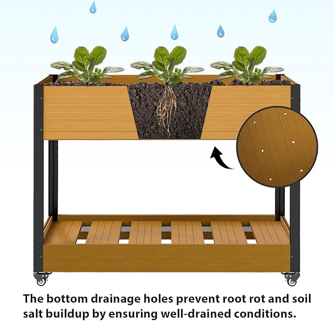 WPC Raised Garden Bed, Waterproof Elevated Planter Box with Legs and Wheels for Outdoor, Standing Patio Planters for Vegetables Flowers Herbs with Drainage Holes, Yellow Teak