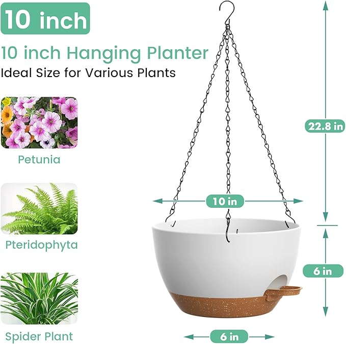 Set of 3-10 Inch Self Watering Hanging Planters for Indoor & Outdoor，Hanging Plant Pots with Drainage & Removable Tray, Hanging Pots Holder for Pothos Plant, Ferns, Balcony & Patio,White with Brown