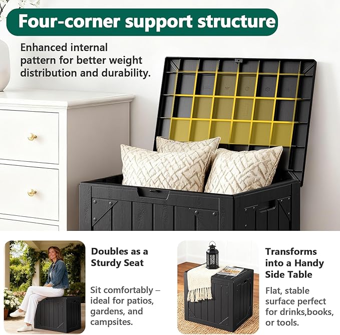 MAKE CHANGES Outdoor Storage Box,30 Gallon Deck Box Outdoor Storage Bench Outside Waterproof Resin Storage Bench, Lockable Patio Cushions, Garden Tools Storage For Furniture, UV Resistant(Black)
