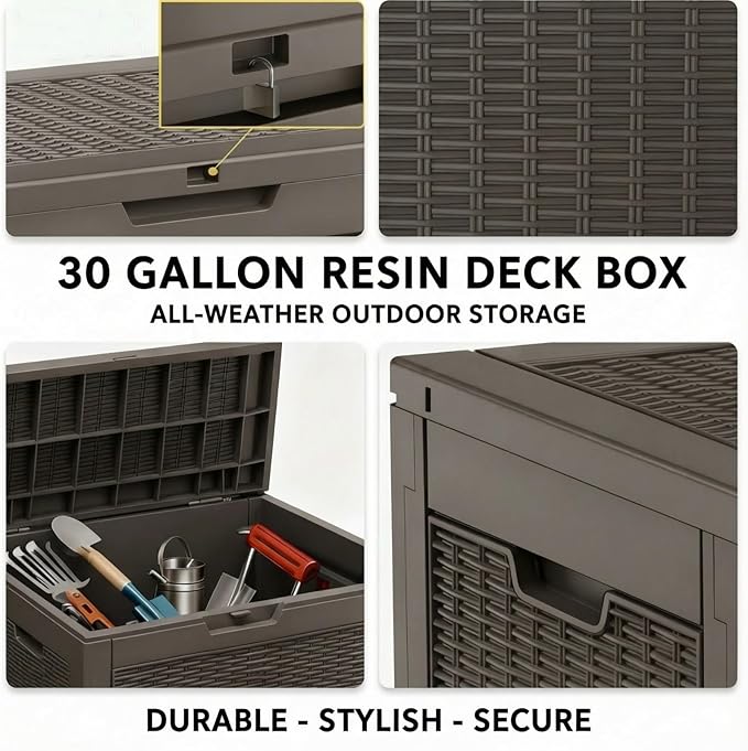 30 Gallon Resin Deck Box with Lockable Lid, Outdoor Storage for Patio Furniture Cushions, Garden Tools, Pool Accessories, All-Weather Waterproof Design