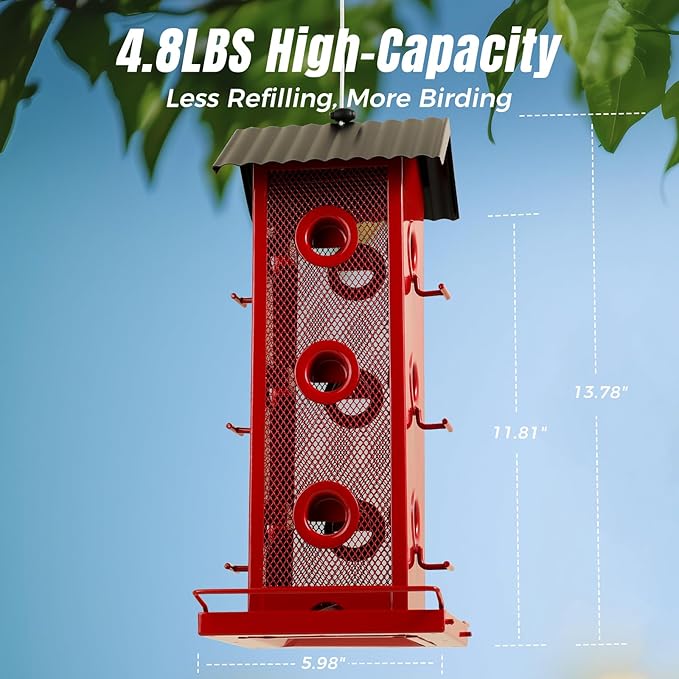 All Metal Bird Feeder for Outdoors Hanging | 14-Port Multi-Bird Viewing | Rust-Proof, Waterproof & Easy-Clean | Attracts Cardinals, Finches, Chickadees & More (Elegant Red & Black)