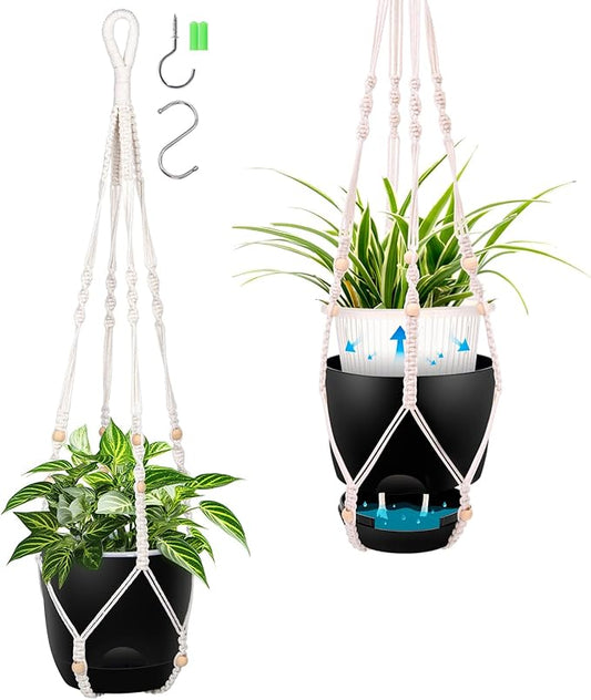 2-Pack 7.1-Inch Self-Watering Hanging Planters for Indoor & Outdoor Plants,34Inch Macrame Hanger Plant Pots Indoor with Drainage,Small Hanging Planters & Baskets,With Two Sets of Hooks（Pure black）