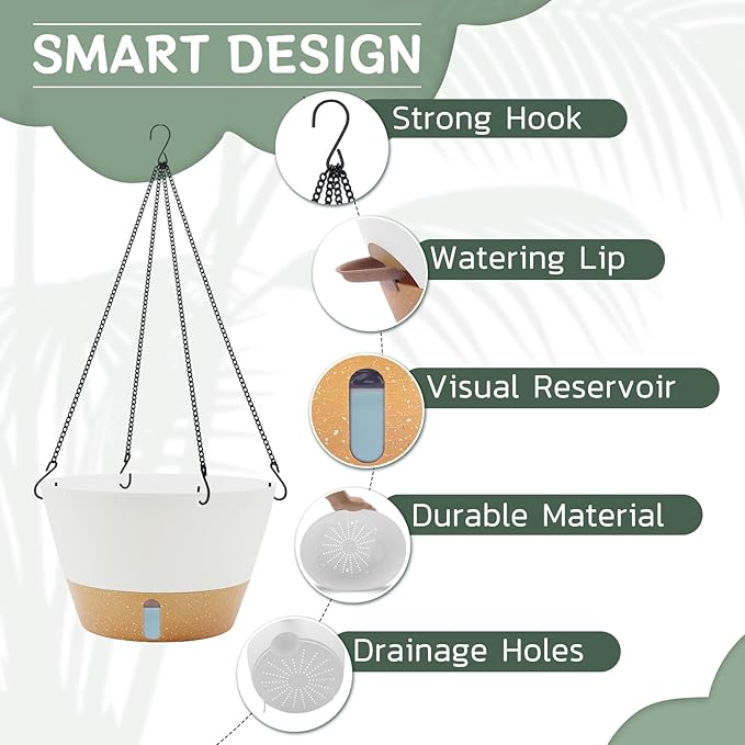 ZMTECH 12 Inch Hanging Planters for Indoor, Large Hanging Plant Pot with Visible Water Level and Chain, Self Watering Hanging Flower Pot for Outdoor Garden Porch(White)