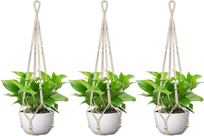 USLAI Macrame Plant Hanger Indoor Outdoor, Up to 4-15 inch Pot, Strong Hanging Planter Basket, Boho Home Decor, 35 Inch, Ivory, Set of 3 (POTS NOT Included)