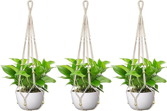 USLAI Macrame Plant Hanger Indoor Outdoor, Up to 4-15 inch Pot, Strong Hanging Planter Basket, Boho Home Decor, 35 Inch, Ivory, Set of 3 (POTS NOT Included)