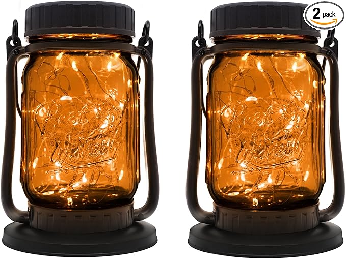 Mason Jar Lights - Solar Lantern Outdoor Waterproof, Hanging Solar Lights for Outside, Halloween, Fairy Twinkle Glass Decorative Lamp for Yard, Patio, Garden, Porch, Table, Wedding, Pack 2