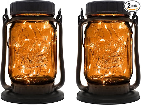 Mason Jar Lights - Solar Lantern Outdoor Waterproof, Hanging Solar Lights for Outside, Halloween, Fairy Twinkle Glass Decorative Lamp for Yard, Patio, Garden, Porch, Table, Wedding, Pack 2