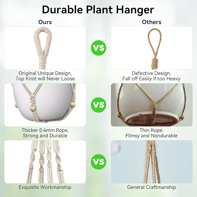 USLAI Macrame Plant Hanger Indoor Outdoor, Up to 4-15 inch Pot, Strong Hanging Planter Basket, Boho Home Decor, 35 Inch, Ivory, Set of 3 (POTS NOT Included)