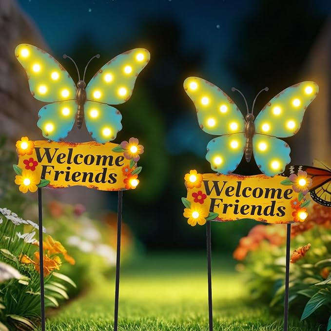 Decorative Garden Stakes Large 45" with 18 Bulbs Solar String Lights Outdoor Waterproof, Butterfly Solar Lights for Outside with Welcome Friends Garden Sign for Yard, Patio, Pathway