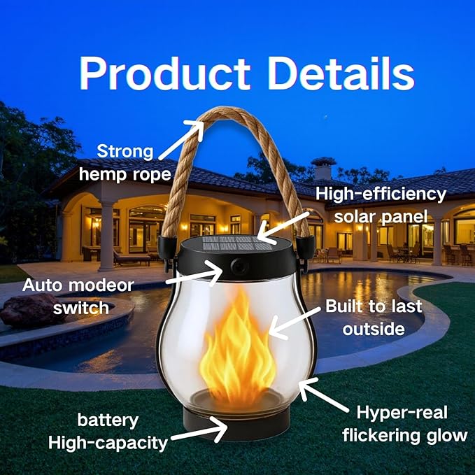 Solar Lantern Outdoor Lights, Flickering LED with Hemp Rope Handle, Dual Charging (Solar & USB), Water-Resistant Hanging Decor for Garden, Yard, Patio, Porch, Pathway, Camping (1)