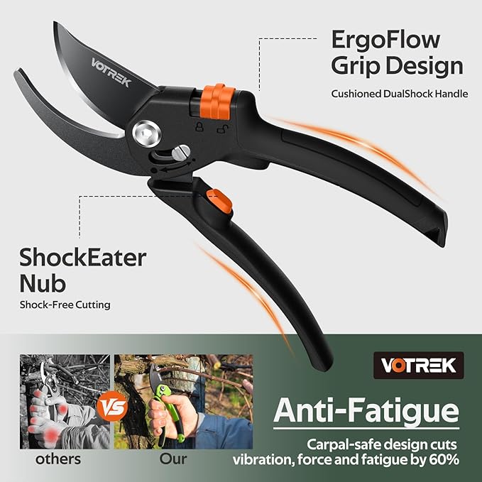 VOTREK Pruning Shears for Gardening, [Patented Stepless Handle Opening] - Plant Scissors with Ultra-Sharp SK5 Steel for Weak Hand, Universal Fit for All Hand Sizes, Effortlessly Cuts 1-Inch Branches