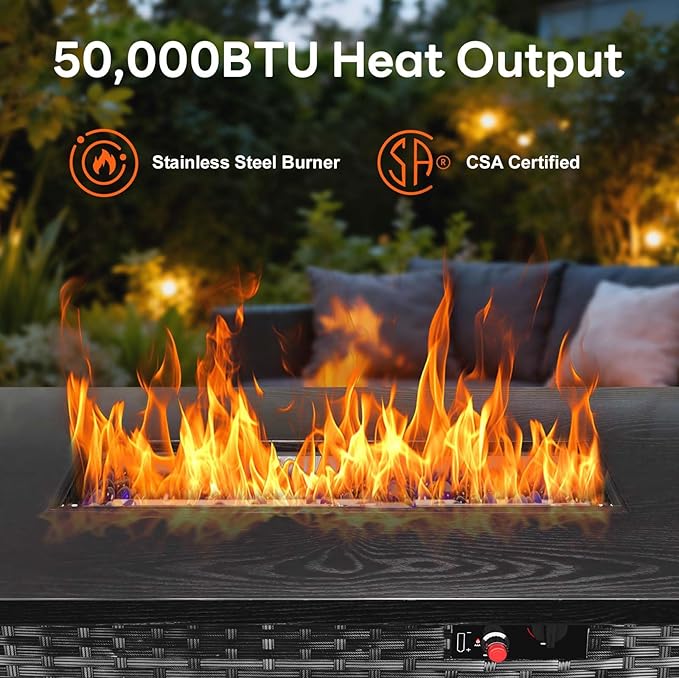 ZAFRO 42.91 Inch Outdoor Fire Pit Table 50,000 BTU, Rectangular Firepit Table with Glass Stones & Lid, 2 in 1 Fire Table for Patio, Backyard, Deck, or Garden, Black