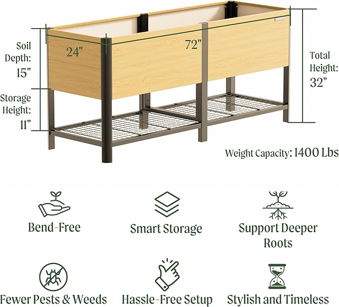 Raised Garden Bed with Legs, 2' x 6' Metal Woodgrain Elevated Outdoor Planters Boxes with Storage Rack for Patio, 1400 lbs Weight Capacity, Raised Beds for Gardening Herb Flowers Vegetables