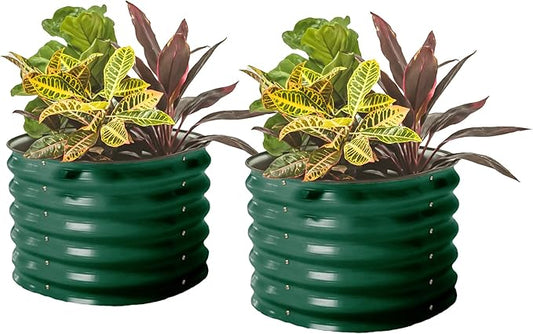17" Tall Herb Raised Garden Bed for Basil Lavender Sages, 24" Wide Round Fruit Tomato Planter Box for Gardening Blueberries Figs, Flower Metal Pot Container for Rose, Twin Pack, British Green