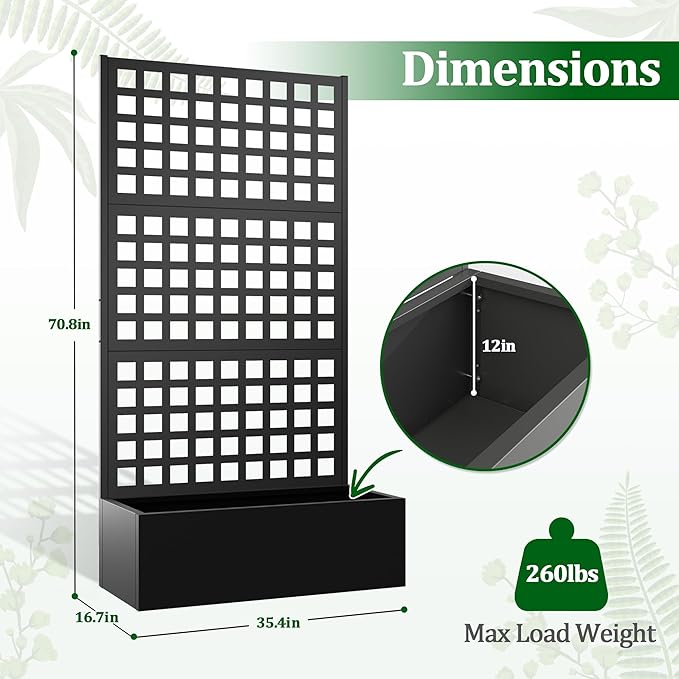 Metal Raised Garden Bed with Trellis, 2 in 1 Trellis with Planter Box & Privacy Screen for Climbing Plants, Vine, Outdoor Standing Flower Beds with Drainage Holes, 35.4" L x 16.7" W x 70.8" H, Black