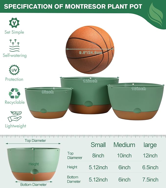 3 Pack 8/10/12 Inch Hanging Planters for Indoor Plants with Self-Watering Includes Hanging Pots for Plants, Outdoor Hanging Flower Pots with Drainage, and 2 Types of Hanging Baskets Hangers (Green)