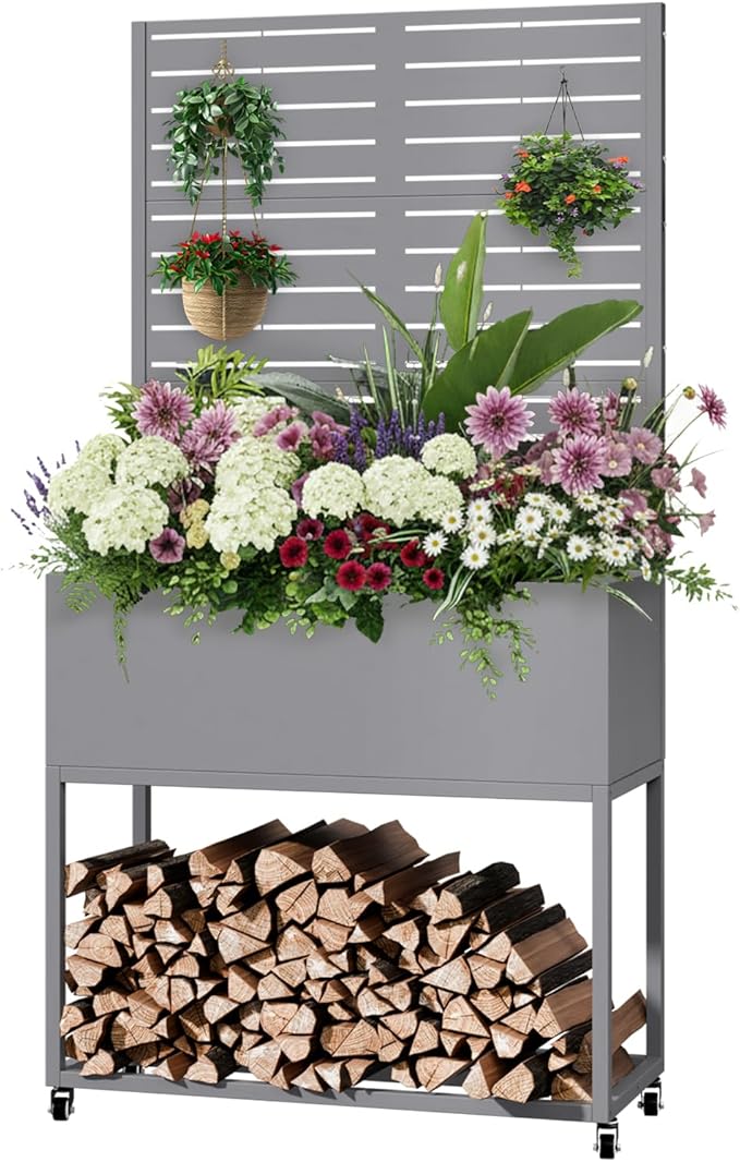 Metal Planter Box with Trellis, 3 in 1 Raised Garden Bed with Trelli & Firewood Rack, Privacy Planter Screen for Climbing Plants, Vine, Outdoor Garden Standing Beds with Drainage Holes, Wheels,Grey
