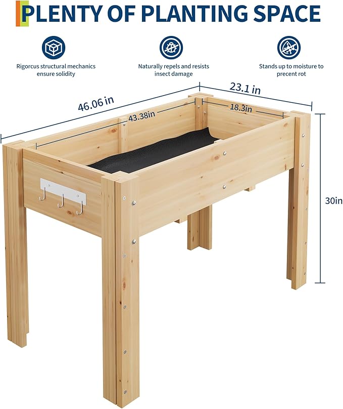GarveeLife 47x30x22 Inch Raised Garden Bed with Legs & Hooks – Elevated Wood Planter Box Stand (4x2.5x1.8 Ft) for Vegetables & Herbs – Outdoor Patio & Backyard Planter with Non-Woven Liner