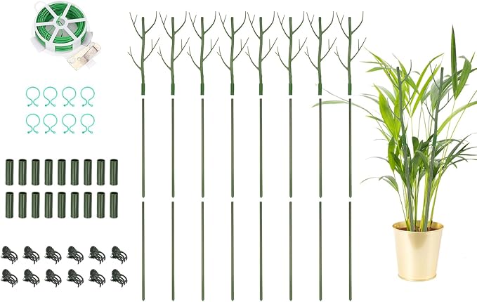 uxcell Plant Support Stakes Set, 8 Pcs Twig Plant Stem Support Structures 43.3" Plants Branches Supports with Extension Poles, Orchid Clips, Plants Tie for House Potted Monstera, Green