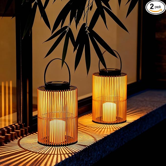 Solar Lanterns Outdoor Waterproof, Imitation Candle Lantern in Boho Style for Garden, Backyard, Patio Decor, Birthday Gifts for Women Mom Grandma, Hanging Garden Lights for Outside (2 Pack)