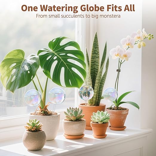 LASZOLA 4 Pcs Rainbow Glass Plant Self-Watering Globe for Indoor Outdoor, House Water Bulb for Small or Large Flower Pot, Iridescent Transparent Decorative Plant Dispenser Ball, Perfect for Vacation