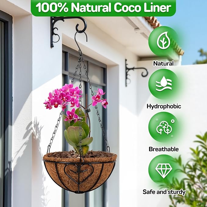 QCQHDU 3 Pack 8 inch Metal Hanging Orchid Baskets for Plants Outdoor, Hanging Orchid Planter Basket with Coco Liners, Orchid Pots with Holes for Garden, Patio, Deck, Porch Plants(Love)