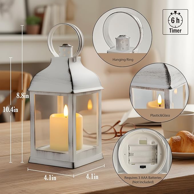 Yongmao White Vintage Lantern Decorative LED Flickering Flameless Candle with Timer, Battery Powered LED Decorative Hanging Lanterns for Indoor Outdoor Wedding Garden Yard Home Decor(4 Pack)