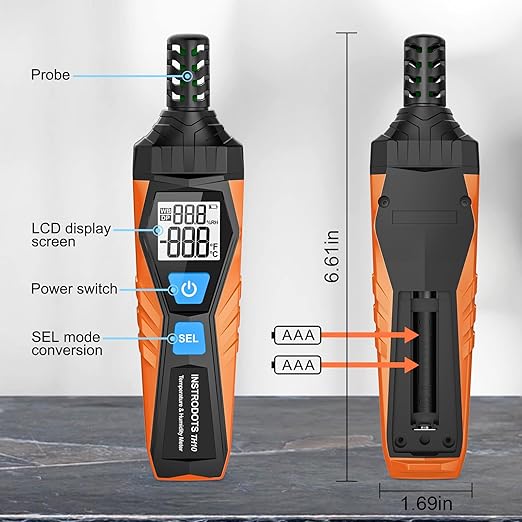 Temperature Humidity Meter, High Precision Thermometer Hygrometer with Ambient, Dew Point, Wet Bulb Thermometer, Dual Display Temperature & Humidity with LCD Backlight, TH10