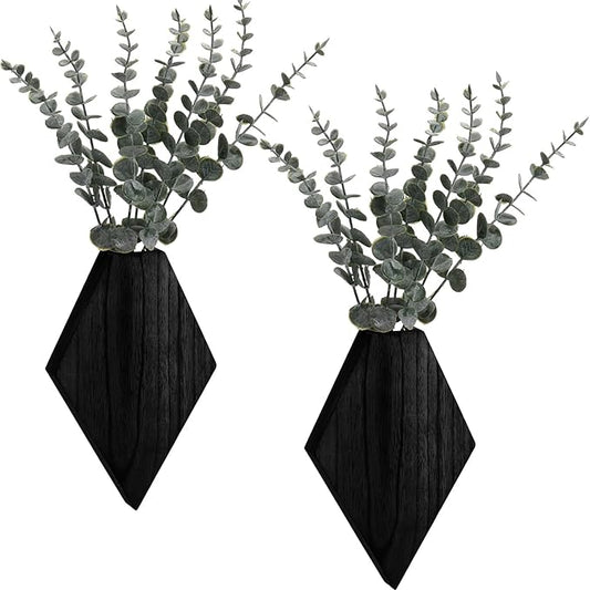 Chunful 2 Pcs Wooden Wall Planter Decor Hanging Faux Plants Greenery Flowers Holder Vase Boxes for Wall Bohemian Farmhouse Room Kitchen Office Indoor Decoration (Black,9.8 x 6.6 x 1.2 Inches)