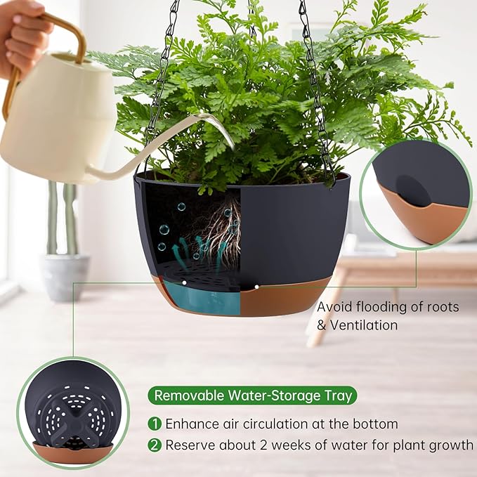 Set of 2 8 Inch Self Watering Hanging Planters for Indoor Outdoor Plants, Color Blocking Hanging Baskets Flower Pots with Drainage Hole & Removable Water-Storage Tray