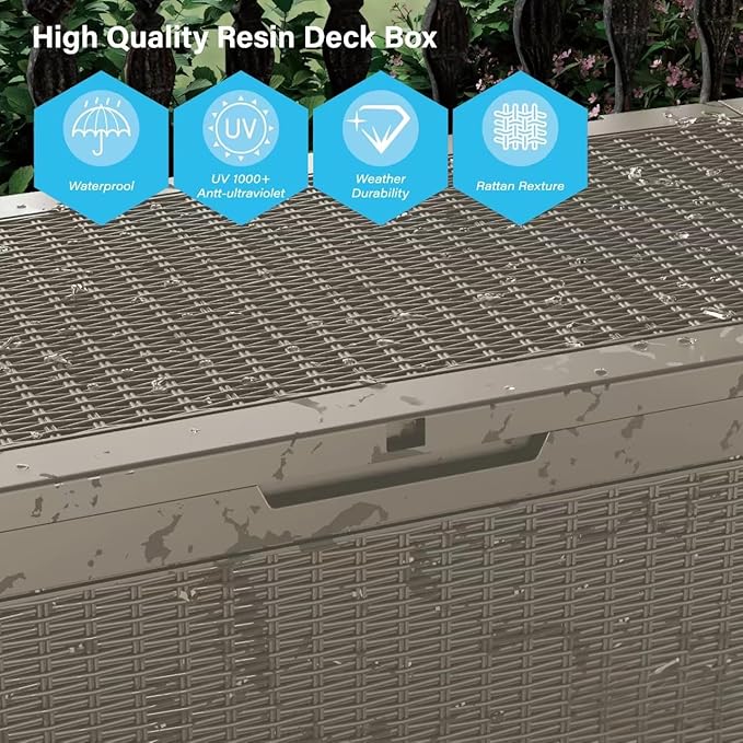Mersco 100 Gallon Double-Wall Resin Deck Box - Lockable Waterproof Outdoor Storage Box, 1000lbs Capacity & Doubles as Seating for Patio Furniture - Garden Tools, Pool Accessories (Grey)