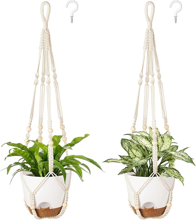 Mkono 7.5 Inch Hanging Planters, Macrame Plant Hangers with Self Watering Plant Pots Indoor Set of 2 Hanging Baskets Flower Pot Holders with Hooks No Tassels for Boho Home Decor, Ivory