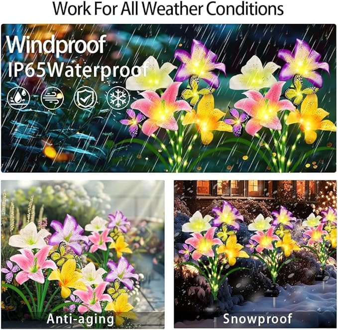 4 Pack Solar Garden Lights LED Solar Lilies Flower Lights, Yard Patio Pathway Decoration High Flexibility Copper Wire Handmade Silk Artificial Flowers Never Wither, Gift for Family Friends